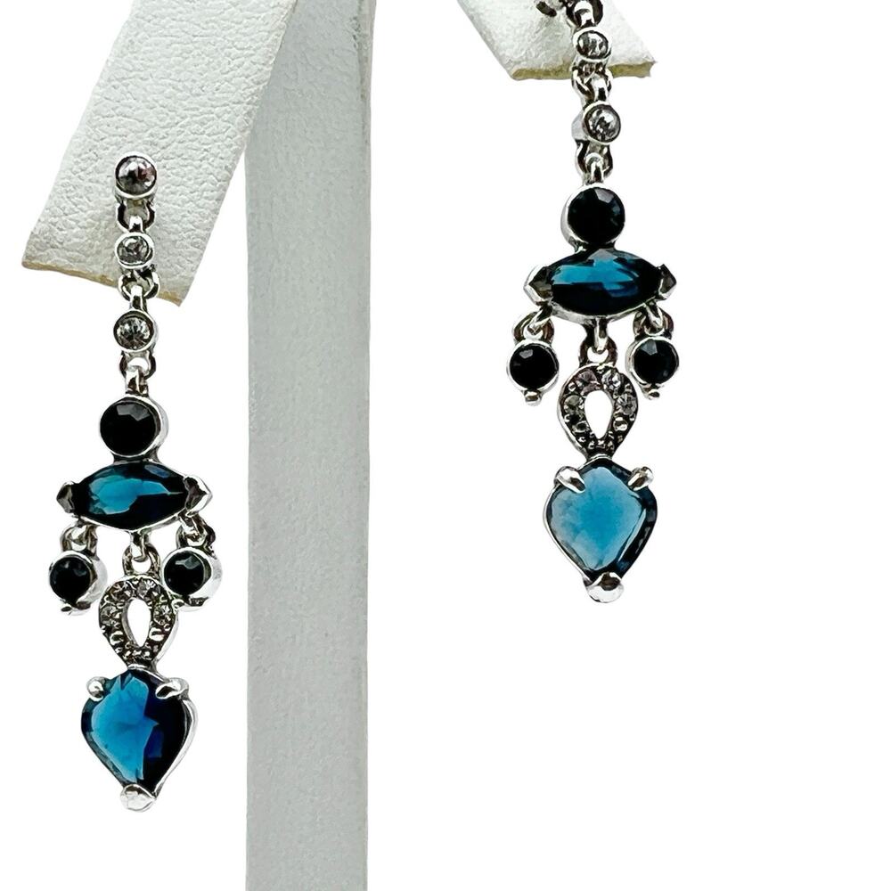 Vintage Estate Earrings Art Deco Glam Dangle Rhinestone Blue Silver Tone Pierced